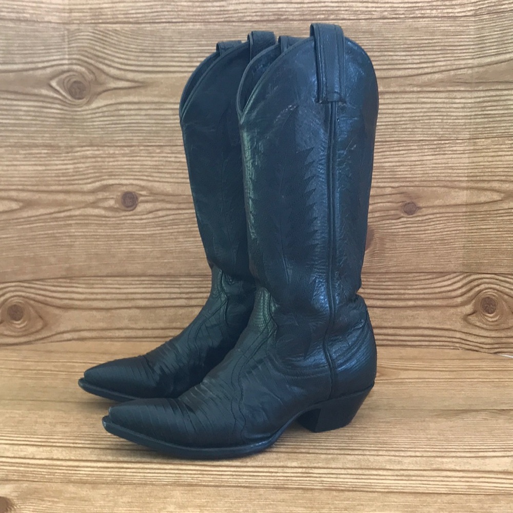 Tony Lama Vtg Classic Black Pointed Toe Cowboy Boots size 7.5 please see descipt